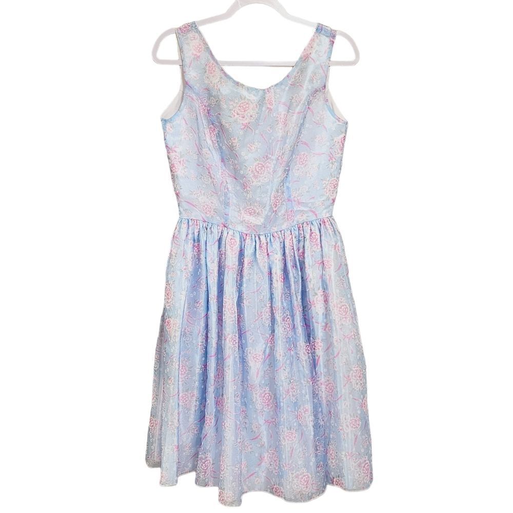 Queen of Heartz dress blue pink shimmery sheer overlay Coquette party L